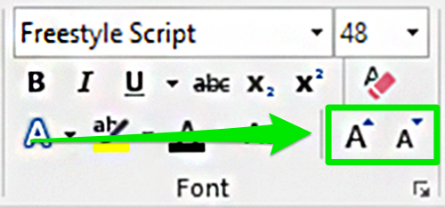 The font formatting section on the ribbon menu is zoomed in on. A green arrow is pointing to the option to change the font size.