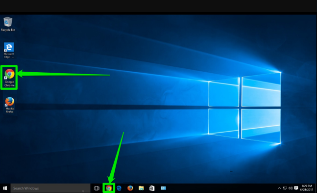 The desktop of a Windows 10 is displayed. There are two green arrows pointing at the two places where the Google Chrome icon can be found.
