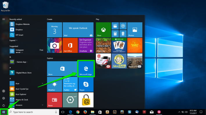 The desktop of a Windows 10 is displayed. There are two green arrows pointing at the windows button on the desktop. The second arrow is pointing at the browser icon in the newly opened menu.