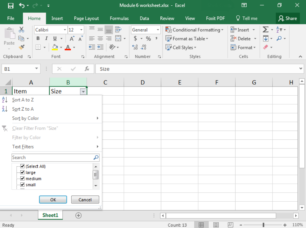 Data has been entered in an excel sheet. A dropdown menu from the size button has been revealed.