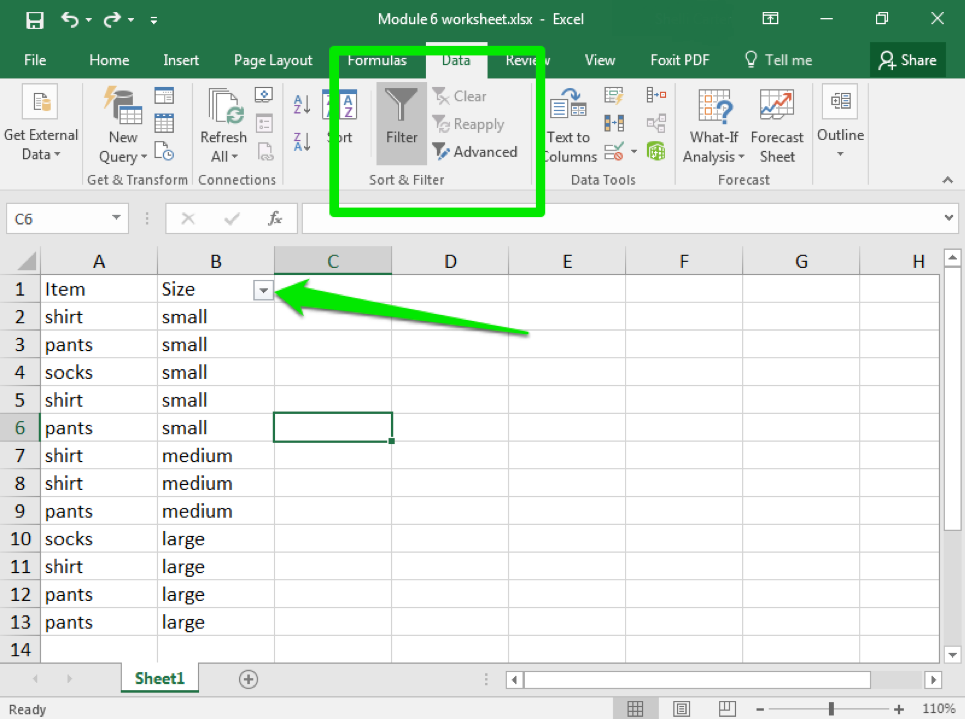 Data has been entered in Columns A and B through row 13 on an excel sheet. There is a green arrow pointing to the size dropdown menu and there is a green box around the sort and filter menu. 