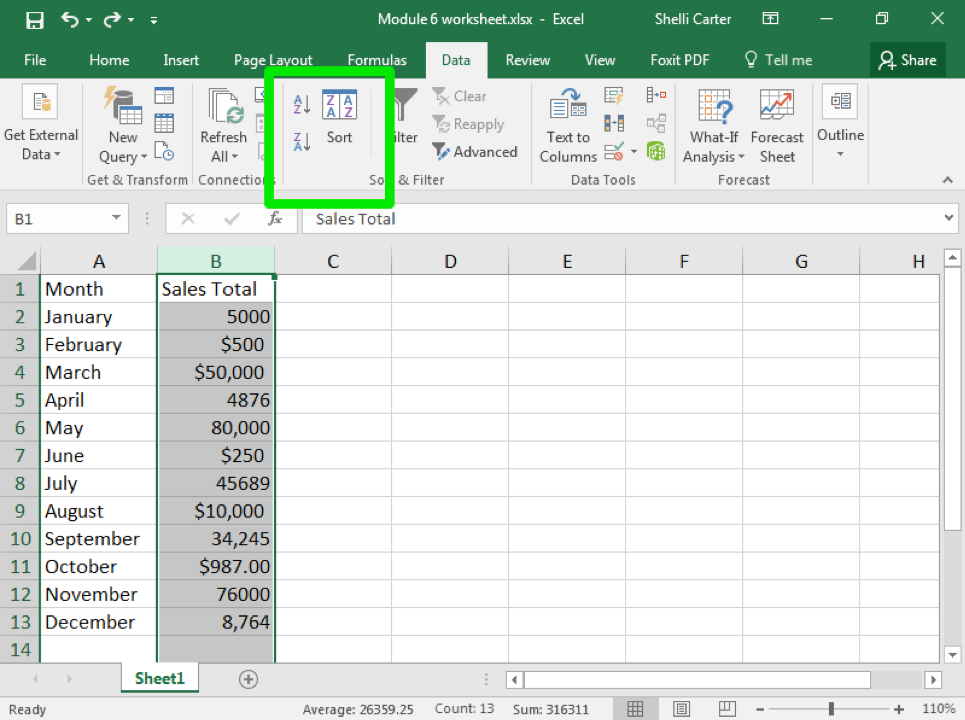 Data has been entered in Columns A and B through row 14. There is a green box showing off the sort option in excel.
