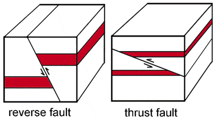 Diagram of a reverse fault and a thrust fault.