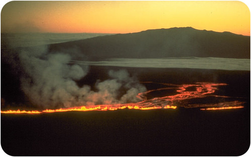 A fissure eruption on Mauna Loa in Hawaii travels toward Mauna Kea on the Big Island