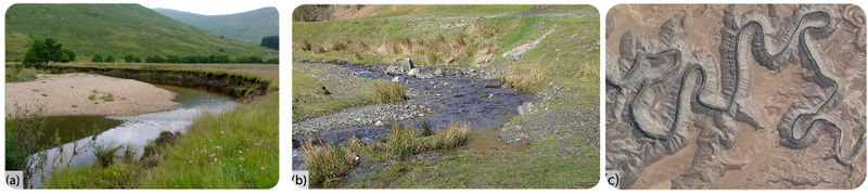 A) A bend in a river. The bank is higher than the river. B) A river with piles of small stones along the riverbed. C) A view from above of a winding river.