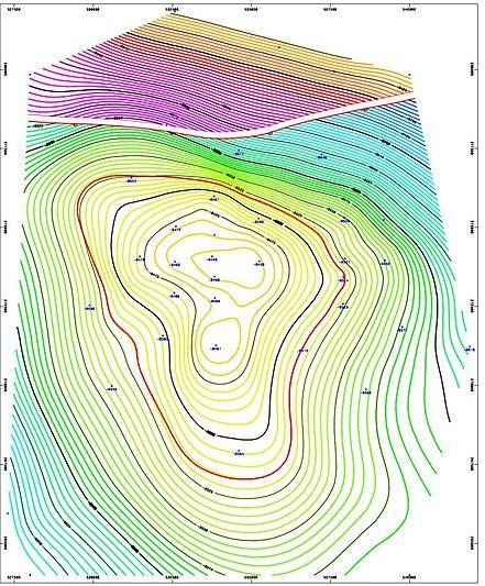 Screenshot of a structure map generated by Contour map software for an 8500ft deep gas & Oil reservoir in the Erath field, Vermilion Parish, Erath, Louisiana. The left-to-right gap, near the top of the contour map indicates a Fault line. This fault line is between the blue/green contour lines and the purple/red/yellow contour lines. The thin red circular contour line in the middle of the map indicates the top of the oil reservoir. Because gas floats above oil, the thin red contour line marks the gas/oil contact zone.