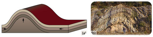 In part A, the diagram shows an anticline being formed by pressure coming from below and both sides. Part B shows a photograph of an anticline.