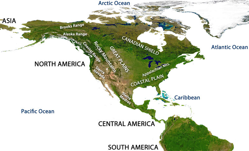 Major geographic features of the North American continent including the Sierra Madres, Sierra Nevada, Coastal Plain, Appalachian Mountains, Great Plains, Rocky Mountains, Coastal Range, Alaska Range, Brooks Range, and Canadian Shield.