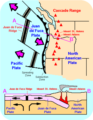 The Juan de Fuca plate, whose boundary runs across the Pacific coast of North America. Mount St Helens and Mount Adams are part of the mountain range formed by the plate boundary between the Juan de Fuca plate and the North American plate