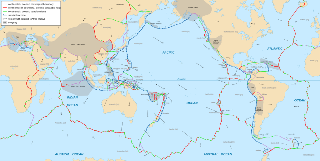 Detailed world map in English showing the tectonic plates with their movement vectors