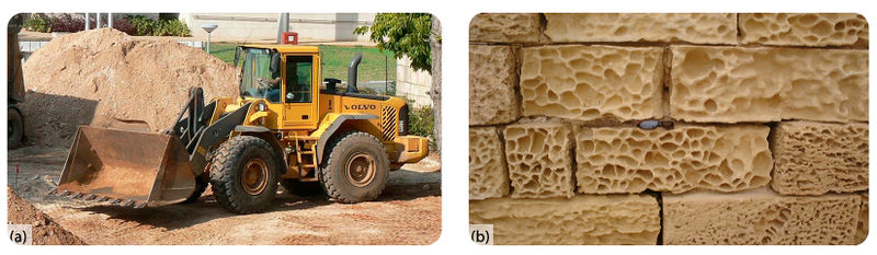A) A bulldozer. B) Bricks with holes spread in a web-like pattern