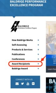 Screen shot of the Baldridge Program Web site, showing the drop-down menu where you can find award recipients.