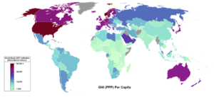 World map showing gross national income per person among the nations of the world. 