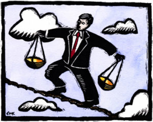 A carton illustration of a man in a suit on a tightrope, carrying a scale in each hand.