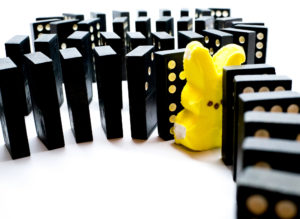 Photo shows a long line of dominoes with a single Peeps marshmallow bunny standing in for one of the dominoes.