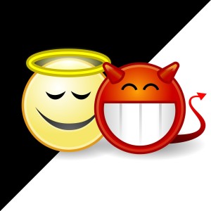 A smiley-face angel and a smiley-face devil side by siden on a black-and-white background.