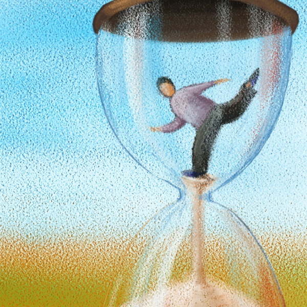 Pastel drawing of an hour glass. A faceless man is shown in the top half, running to avoid falling through, with the sand, to the bottom.