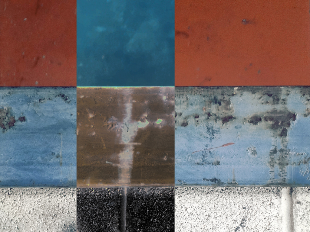 Abstract painting or photograph showing twelve adjoining squares. The work is titled