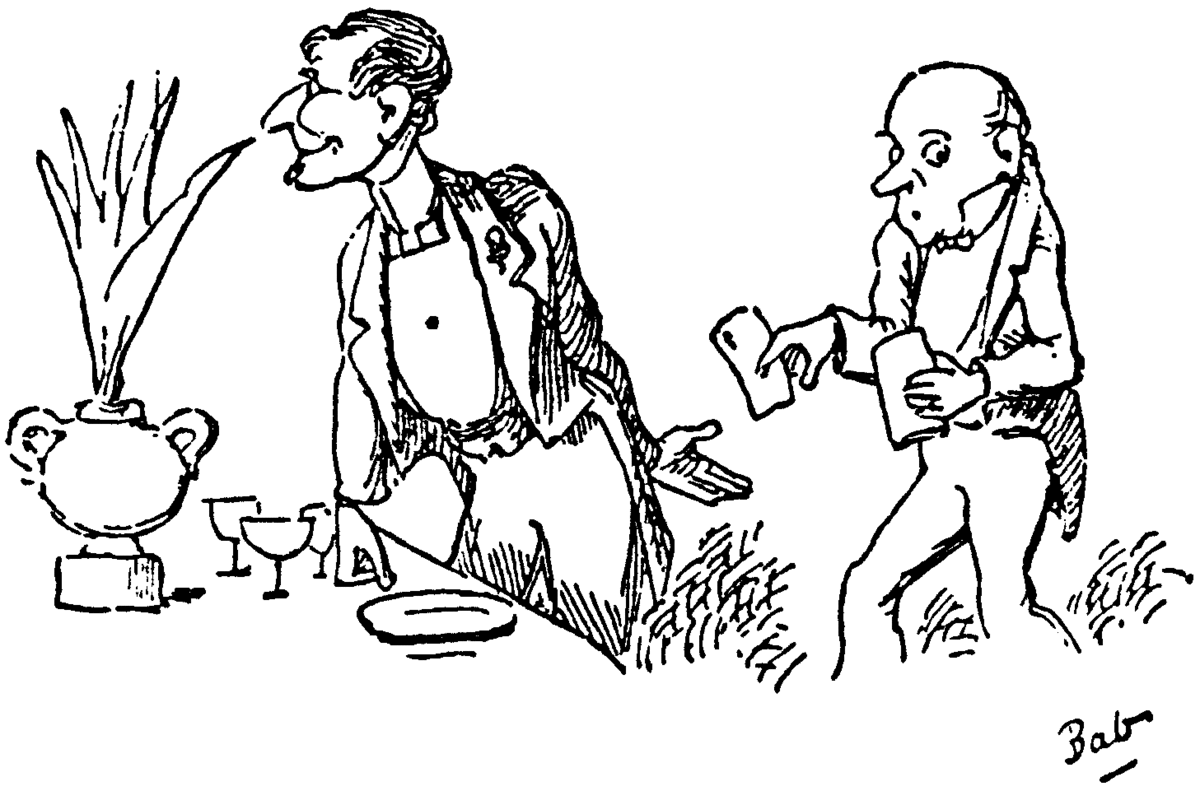 Cartoon showing a man in a tuxedo at a dining table accepting a payoff or bribe behind his back from another man.