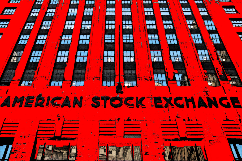 Photograph of a red building with the words American Stock Exchange on its front