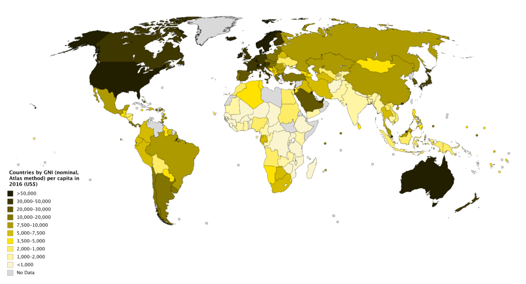 World map showing gross national income per person among the nations of the world. 