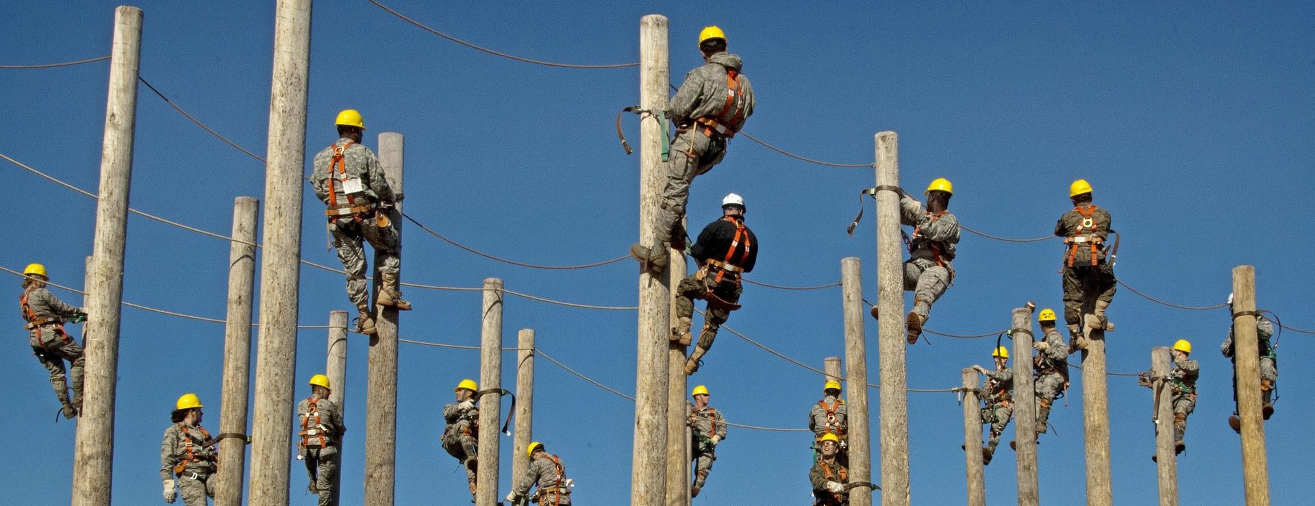 Photograph of several workers on the top of electric poles