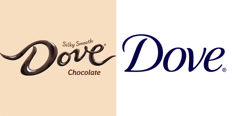 Side-by-side comparison of the trademarked logo for Dove chocolate and Dove Soap. They are both script fonts that say the word dove. Dove chocolate has the words silky smooth chocolate around the word dove.