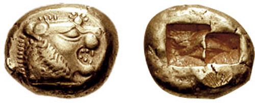 Image shows front and back side of an electrum coin from Lydia, 6th century BCE. Front has a lion head; reverse has two square imprints, probably to standardize the coin's weight.