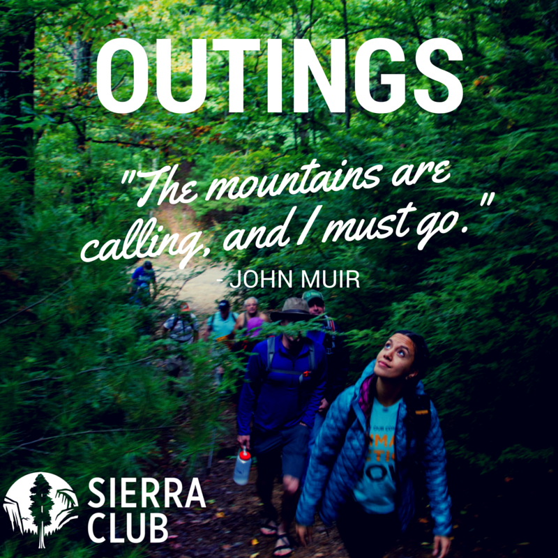 A line of hikers walking through a forest. Outings. Sierra Club. Quote from John Muir The mountains are calling, and I must go.