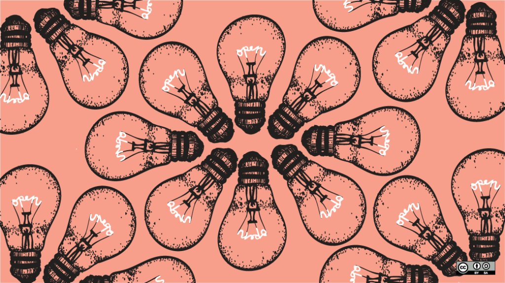 Black ink drawings of clear lightbulbs in a circular pattern. The wires inside the lightbulbs form the word OPEN.