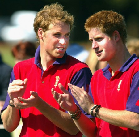Princes William and Harry of the United Kingdom are shown talking to each other while applauding.
