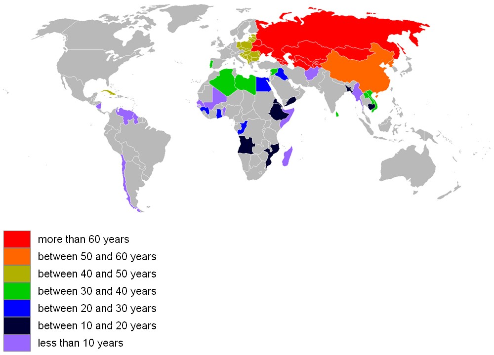 A world map depicting the countries which have adopted a socialist economy, and the length of time which they adopted it for. Countries who adopted for less than 10 years include Chile, Venezuela, Mali, Somalia, Madagascar, Afghanistan, and Myanmar. Countries who adopted between 10 and 20 years include Angola, Mozambique, and Yemen. Countries who adopted for 30 to 40 years include Algeria, Libya, and Vietnam. Countries who adopted for 40 to 50 years include Cuba and much of eastern Europe. Most of Asia adopted a socialist economy for 50 to 60+ years. 