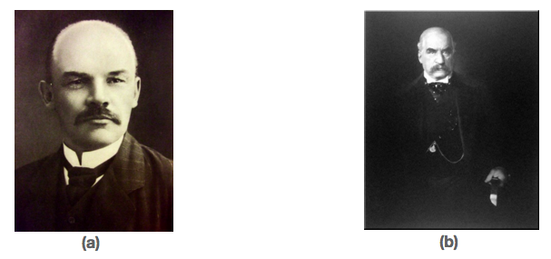 This figure consists of two images. The photo on the right is of Vladimir Ilyich Lenin, one of the founders of Russian communism. The image on the right is a photo of J.P. Morgan, one of the most influential capitalists in the United States.
