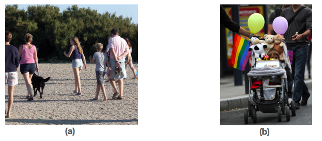 Photo (a) shows a family walking with a dog on a beach. Photo (b) shows a child in a stroller with stuffed animals, balloons, and an LGBTQ flag being pushed by two men.