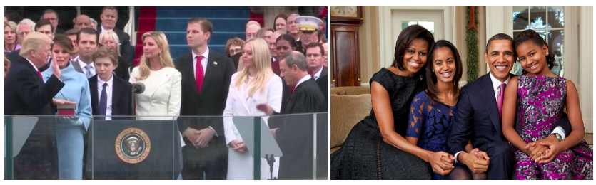 Photos of President Trump with his family at his inauguration and of President Obama with his family in the White House.