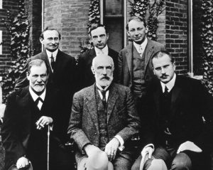 Photograph of early psychologists, including Freud and Hall.