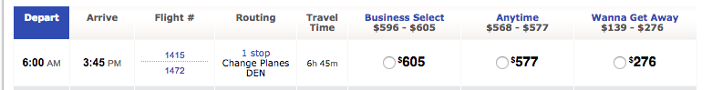 The least expensive flight is $276, while the Business Select flight that provides access to the express lane for security is $605.