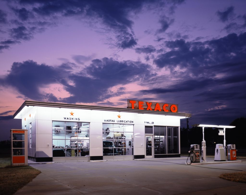 Texaco gas station with two gas pumps.