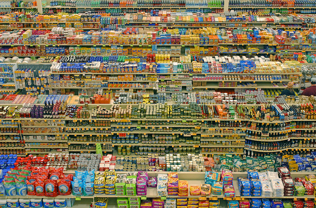 An aerial shot of grocery aisles.