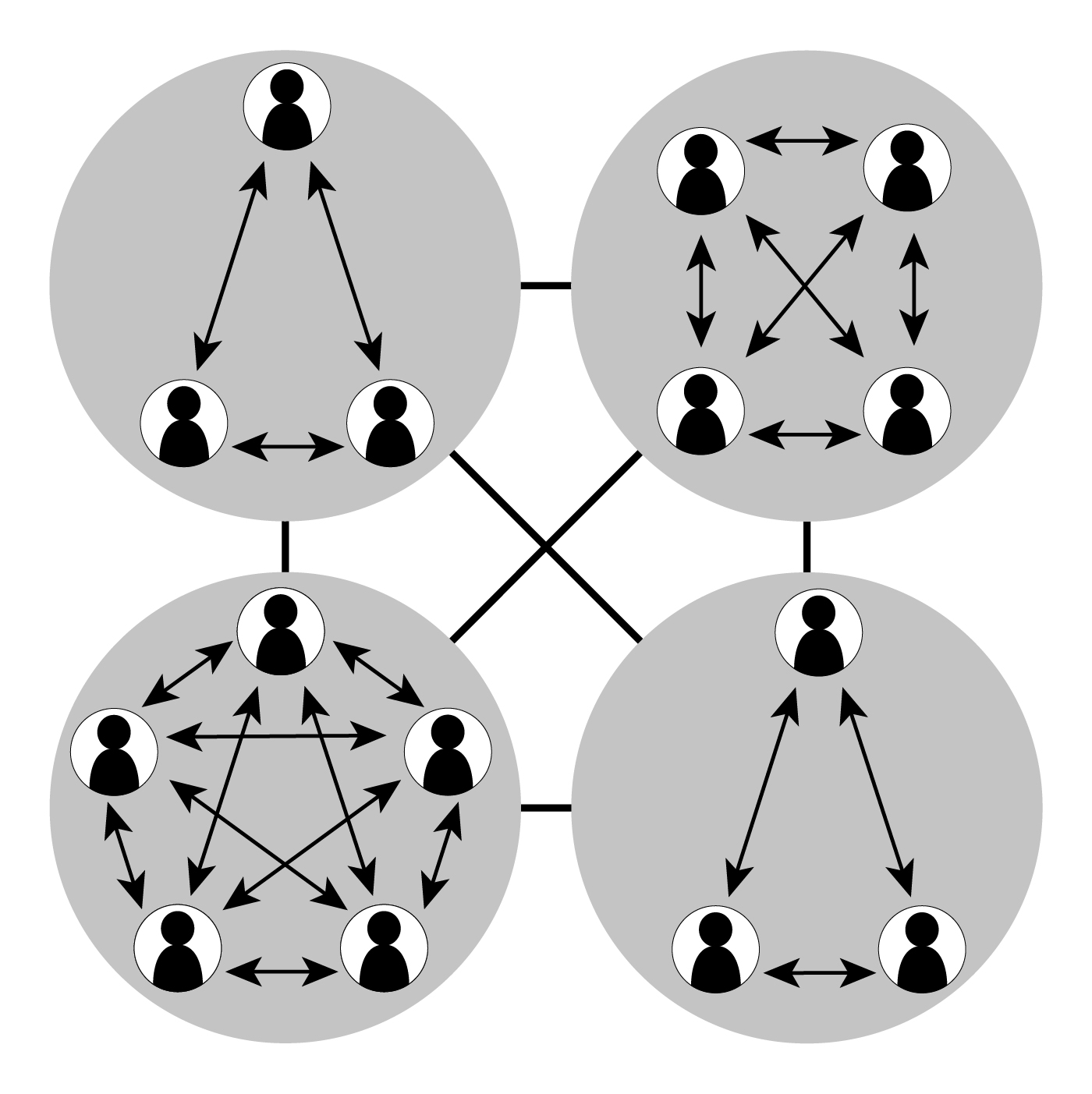 An organic structure. There are four segments that all communicate with one another. Each segment has 3 to 5 individuals who all communicate with one another.