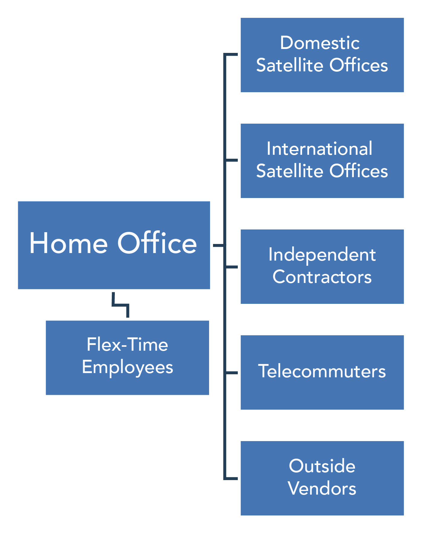 The home office has flex-time employees. There are also domestic satellite offices, international satellite offices, independent contractors, telecommuters, and outside vendors.