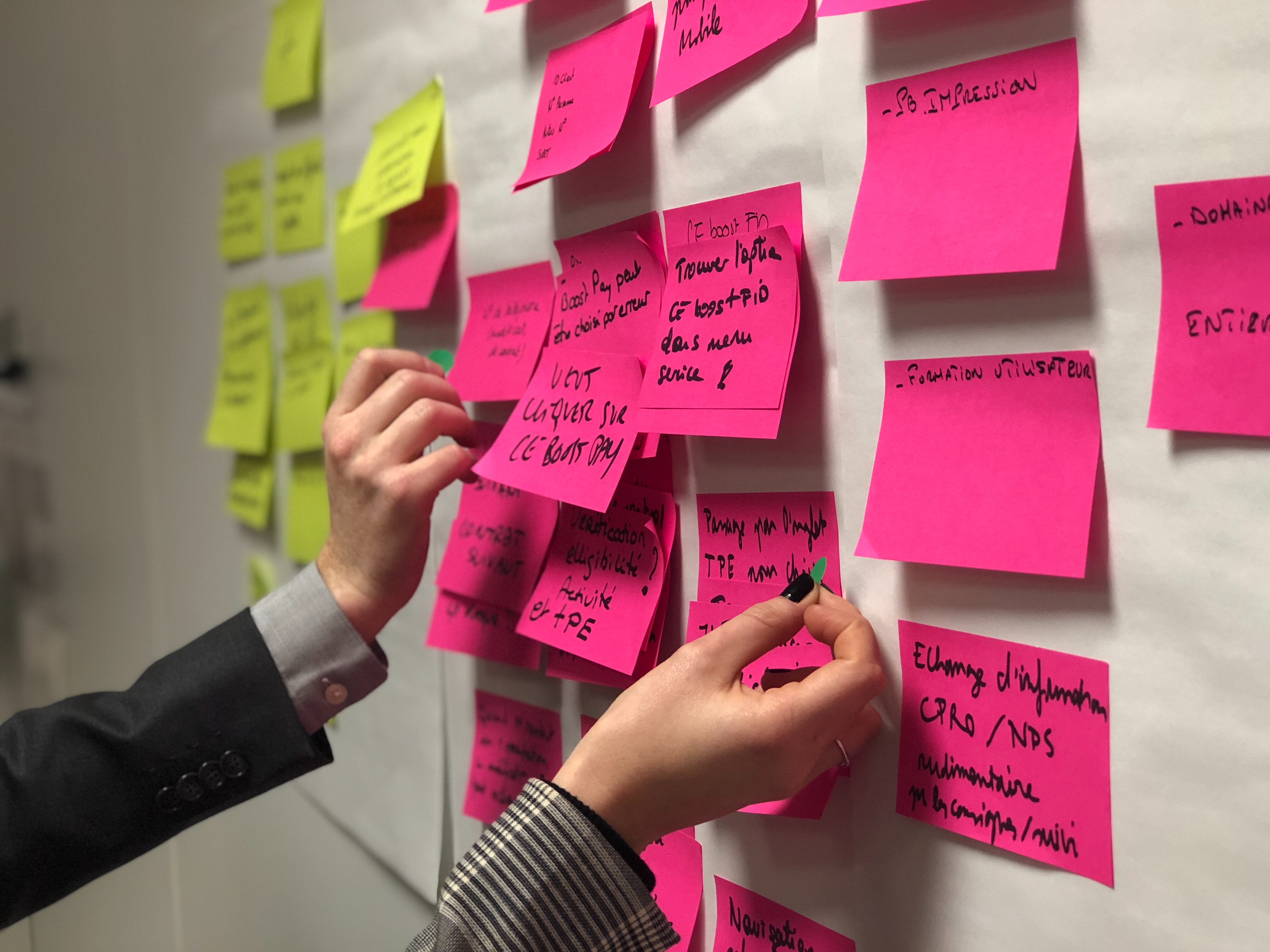 A wall filled with sticky notes. Two people are reaching and moving individual notes.