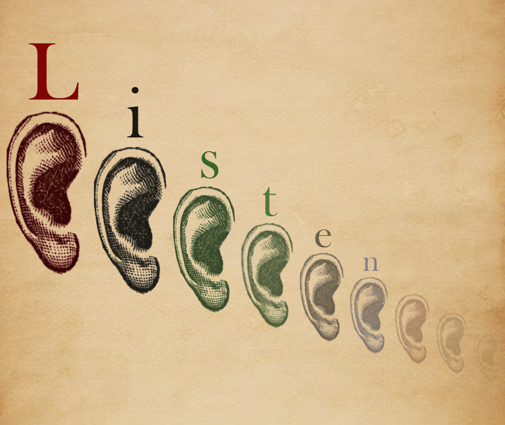 Drawing of eight ears in a line. Above is the word LISTEN