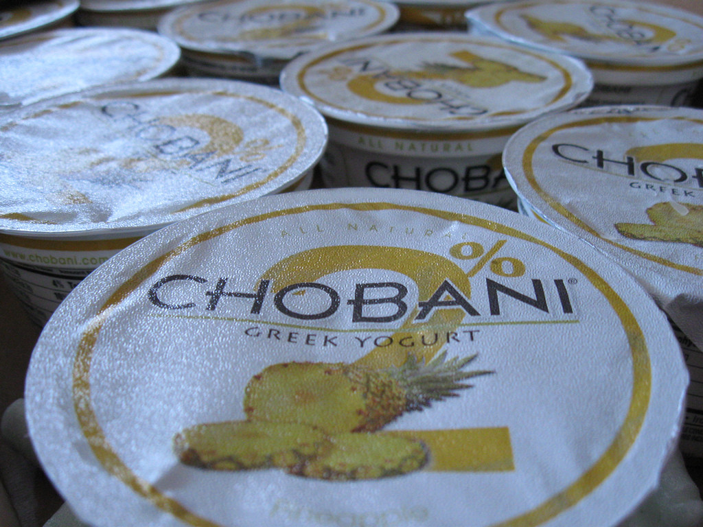 Photo of Chobani-brand Greek yogurt containers.