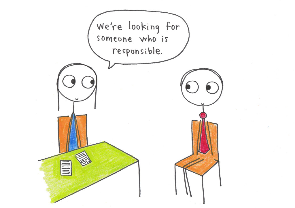 Cartoon showing two stick people in a job interview. The interviewer is says, 