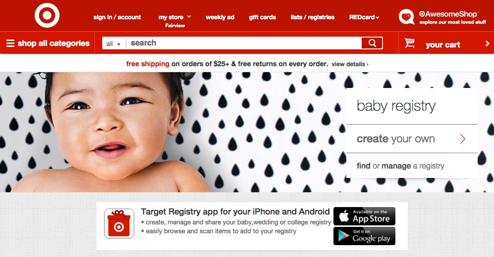 Screenshot of Target's baby registry page. At the bottom of the screen is an offer to download the Target Registry app for iPhone and Android.