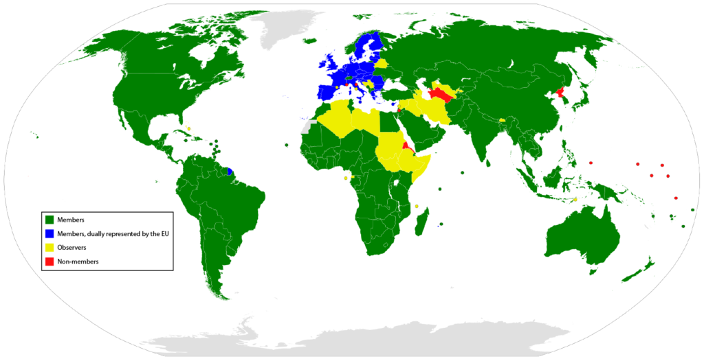 Map of WTO countries. According to this 2019 map, most countries are members of the WTO. Some countries were observers during the 2005 negotiations including Russia, Sudan, Algeria, Kazakhstan, Ukraine, and Belarus. Some countries were observers and had no negotiation with the WTO as of 2015 including Libya, Ethiopia, and Afghanistan. Some countries had no official interaction with the WTO as of 2015 including Turkmenistan, Yemen, and Somalia. 