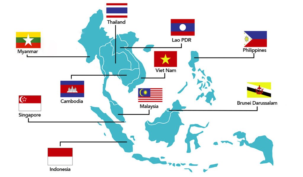 Map of ASEAN Countries. Countries include Lao PDR, Thailand, Myanmar, Viet Nam, Cambodia, Philippines, Brunei Darussalam, Malaysia, Singapore, and Indonesia