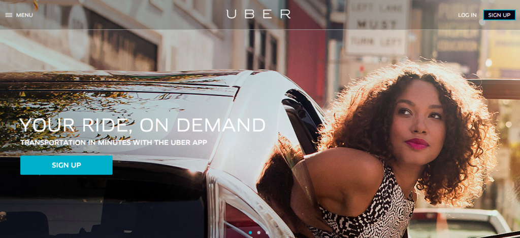 A screenshot of Uber's website. It features a large photo of a woman stepping out of a car and the words Your ride, on demand. Transportation in minutes with the Uber app.
