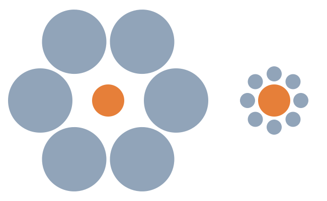 Large blue circles surrounding a small orange circle and a large (appearing) orange circle surrounded by blue circles. The center orange circles are in fact the same size.